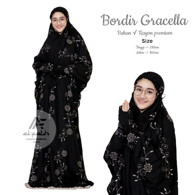 Mukena Terusan Gracella Bordir Premium Jumbo | Mukena Rayon Premium | Mukena Bordir Bunga Teratai Ju