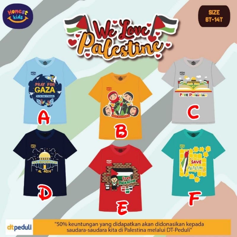 Kaos honest kids Palestina 6-14 Tahun Kaos Anak We love Palestine by Honestkids