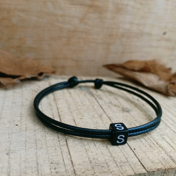 Gelang Couple Kekinian Inisial Huruf Dadu Warna Hitam Tali Korea Double Slide Custom