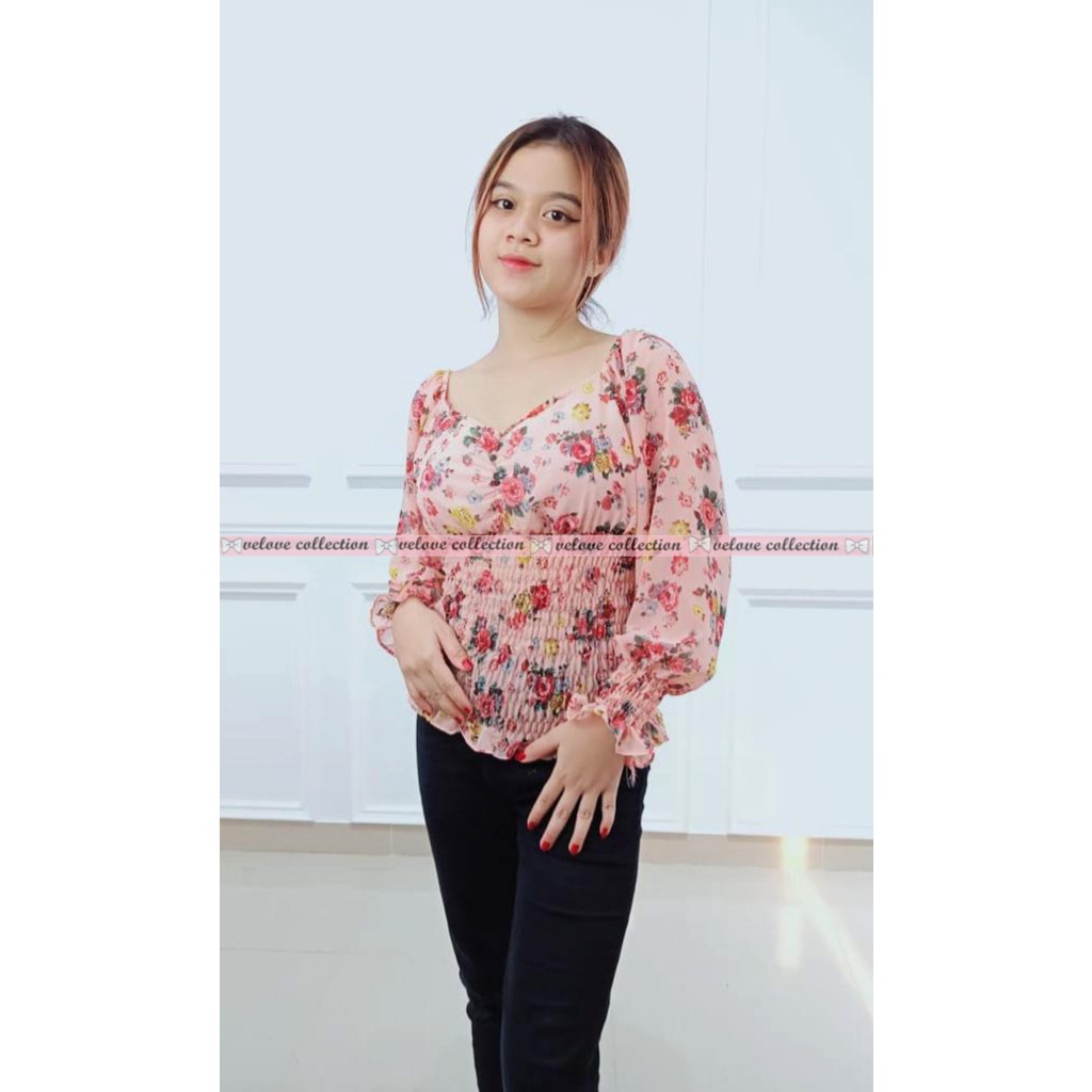 KALANTHA FASHION Chic Chiffon Top Vintage Blouse Wanita Motif Bunga Korean Style-7