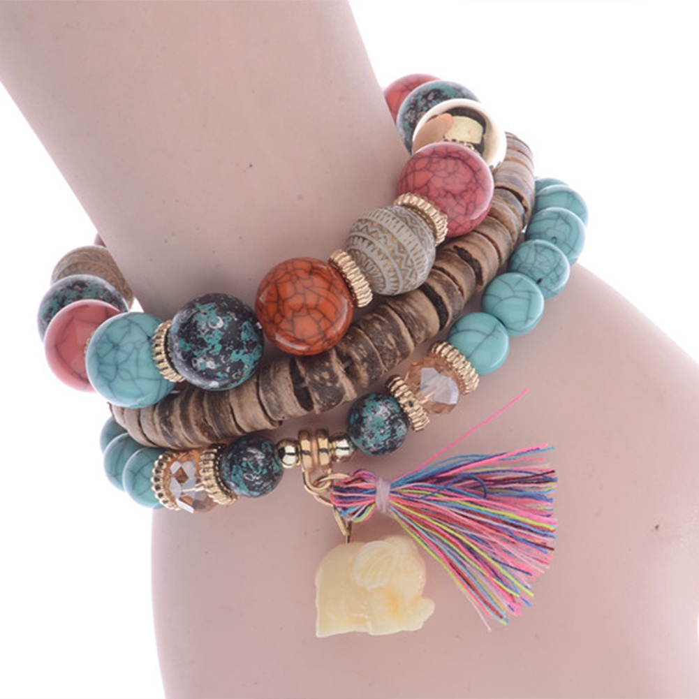 Hu Hu Hu Hu Hu Alat Bantu Pasang Kacamata♡ 3pcs / Set Gelang Manik-Manik Batu Czech Aksen Gajah Rumbai Gaya Bohemian Untuk Wanita