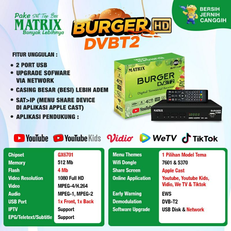 STB TV DIGITAL matrix burger dvb T2 GARANSI 3 TAHUN set top box tv digital berkualitas terbaru terla