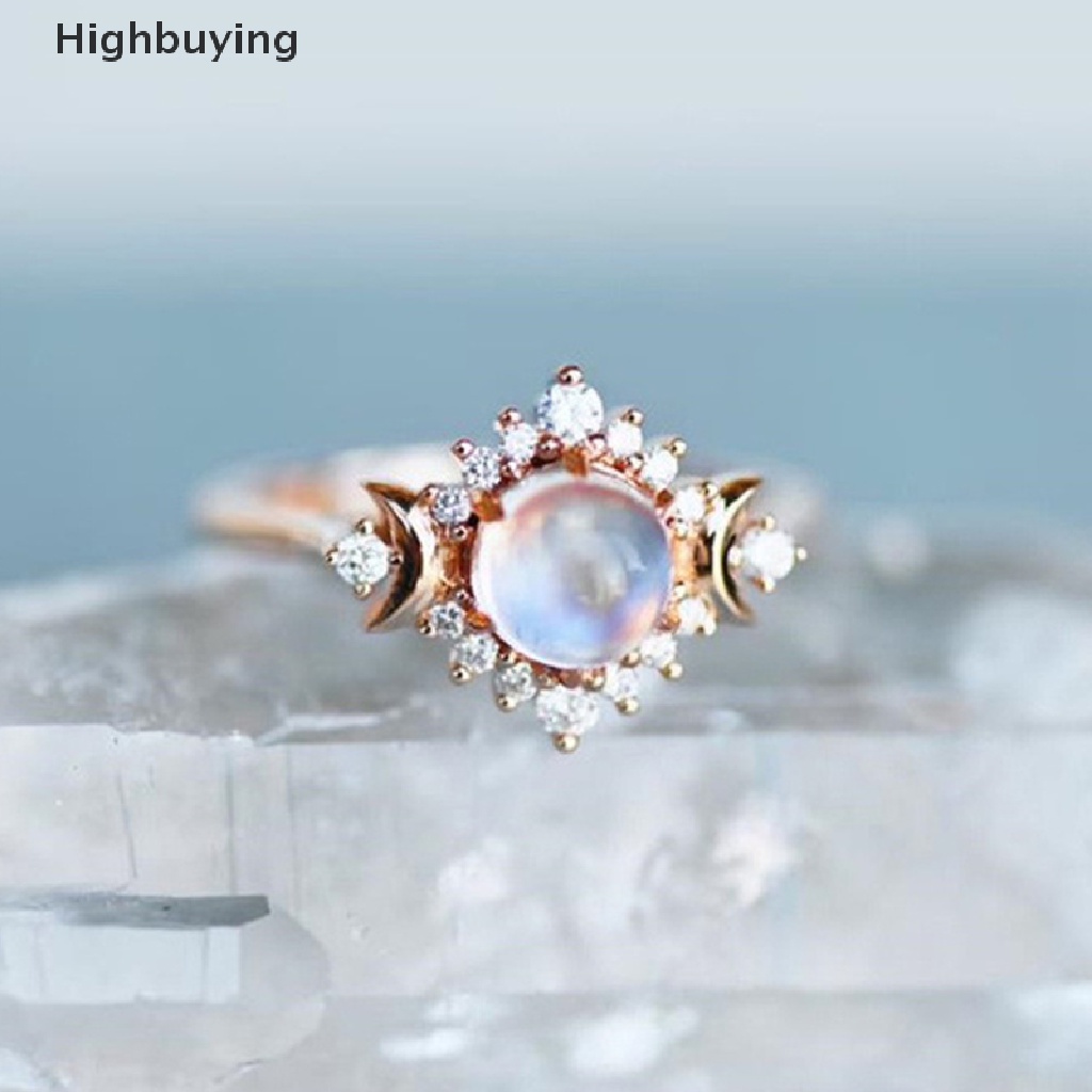 Hbid Cincin Motif Bulan Sabit Aksen Batu Moonstone Gaya Gothic Untuk Wanita