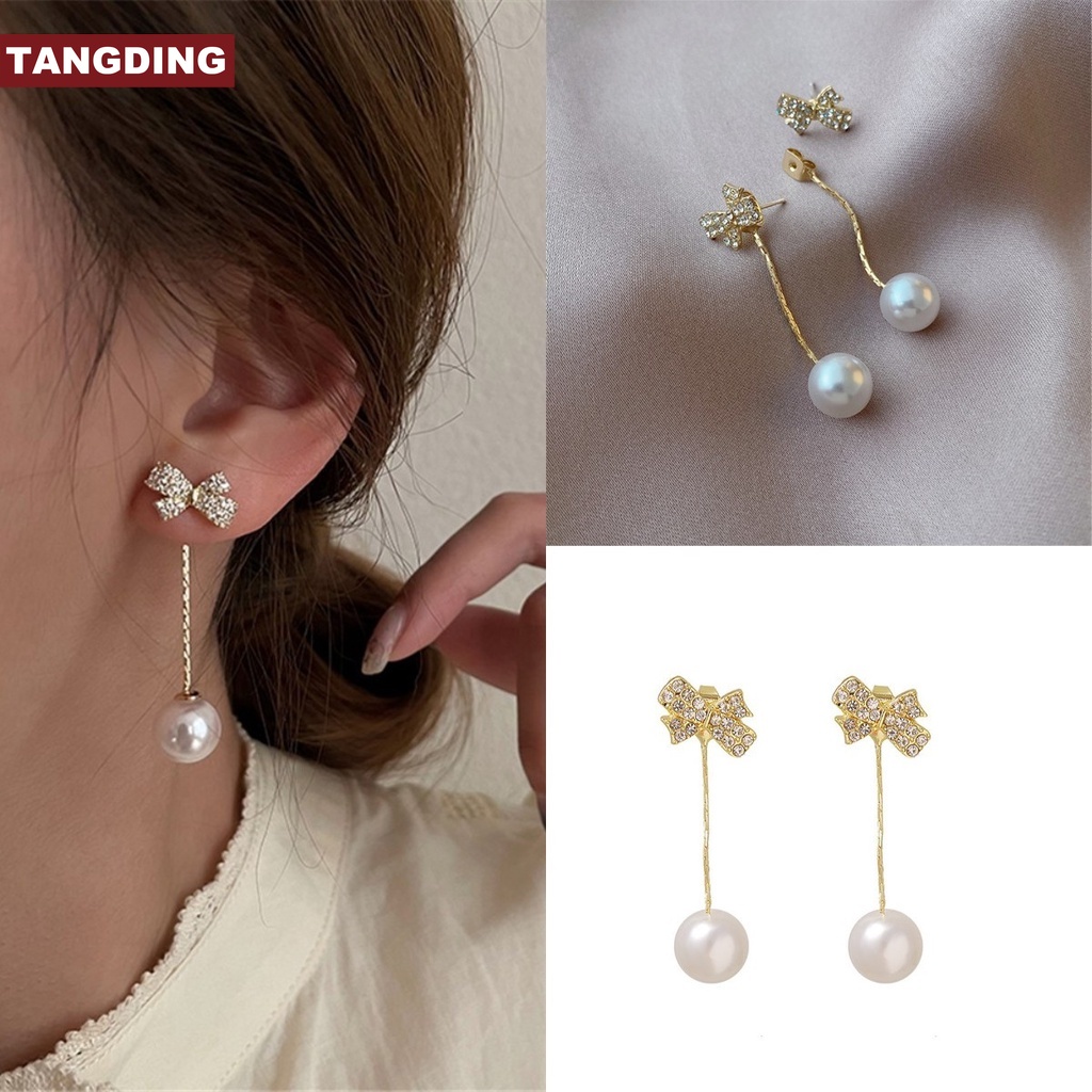 Anting Rumbai Desain Pita Aksen Mutiara Gaya Korea Untuk Aksesoris