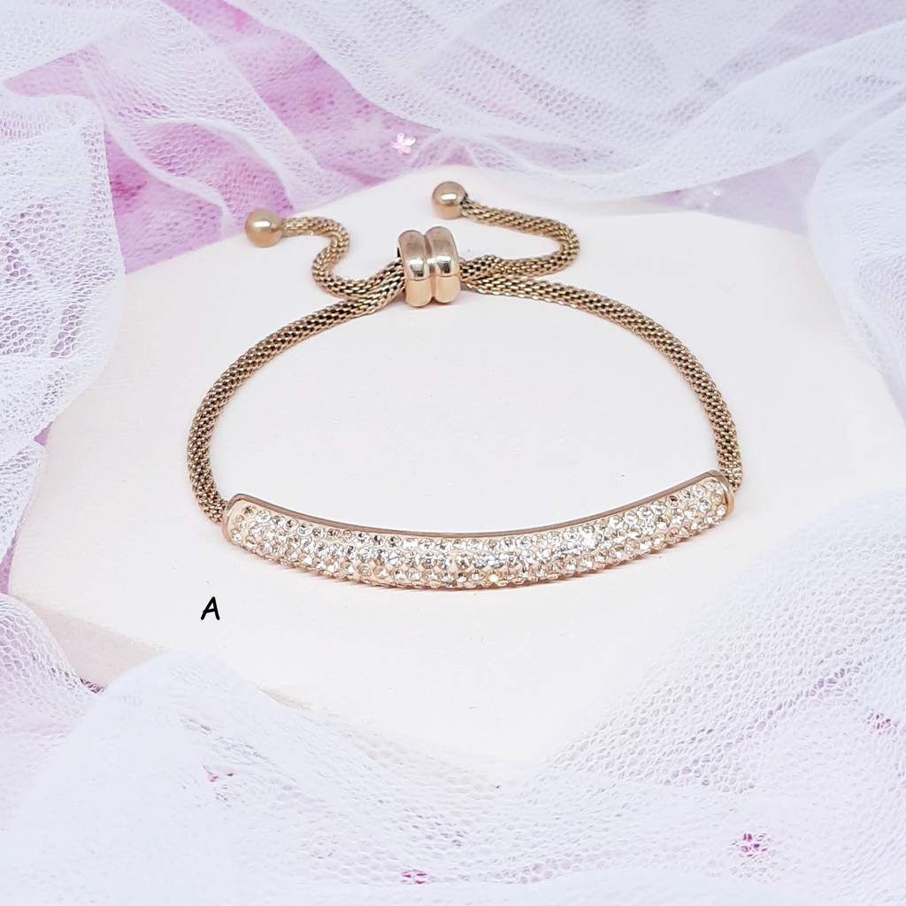 Gelang Serut Titanium Anti Karat Rantai Korea Permata Wanita Boba Pesta Putih Silver Rose Gold - BB570