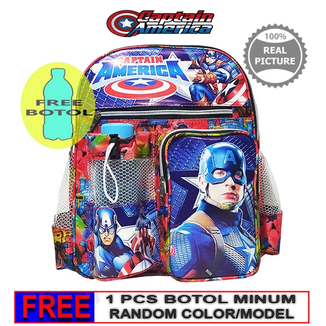 Tas Ransel anak Sekolah TK / SD karakter Captain America free botol // Tas ransel Captain America