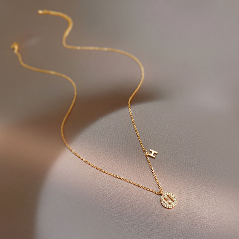 Kalung Rantai Klavikula Hias Liontin Huruf H Kristal Gaya Korea Untuk Wanita