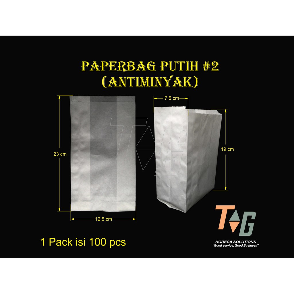 

Paperbag antiminyak warna putih ukuran 23 x 12,5 x 8 cm isi 100 pcs