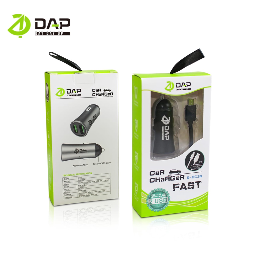 (DAP) Car Charger Colokan Mobil 2 Ports 2.4A DAP Free Kabel – MODEL D-CC2N  DAP CAR CHARGER