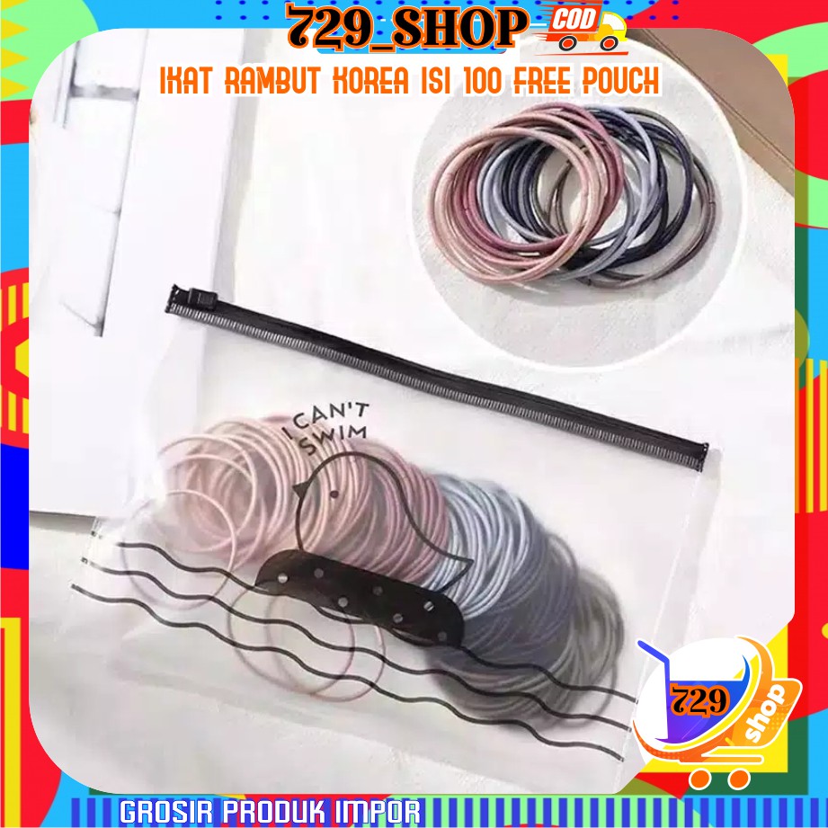 [isi 100] Karet Rambut &amp; Gelang Hitam Polos Korea Lingkaran Besar 4,5 cm dan Tebal Elastis bonus Tas