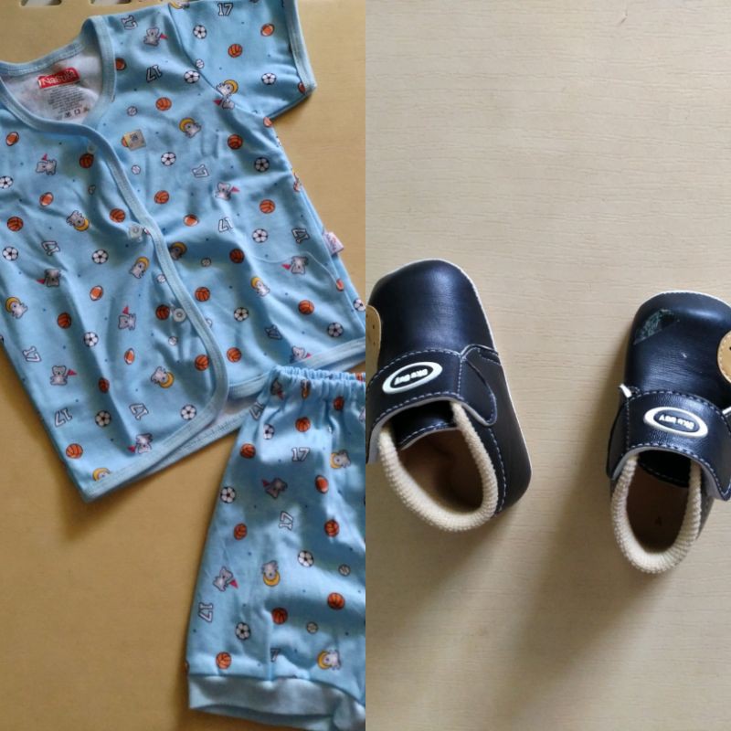 Piyama Setelan baju celana baby lengkap sepatu bayi warna blue