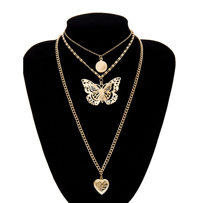 LRC Kalung Fashion K Three-dimensional Wafer Butterfly Hollow Heart Open Multi-layer Necklace