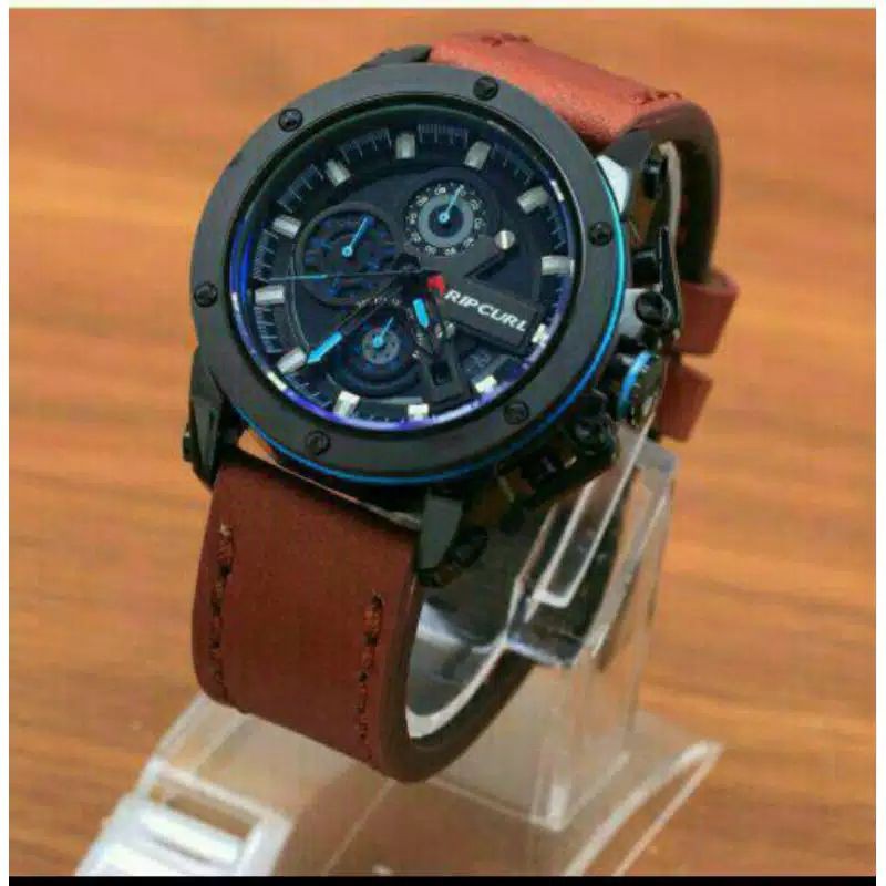 Jam Tangan Pria Ripcurl 2411 Tali Kulit Crono Tanggal Aktif - Free Box Batre Cadangan Original