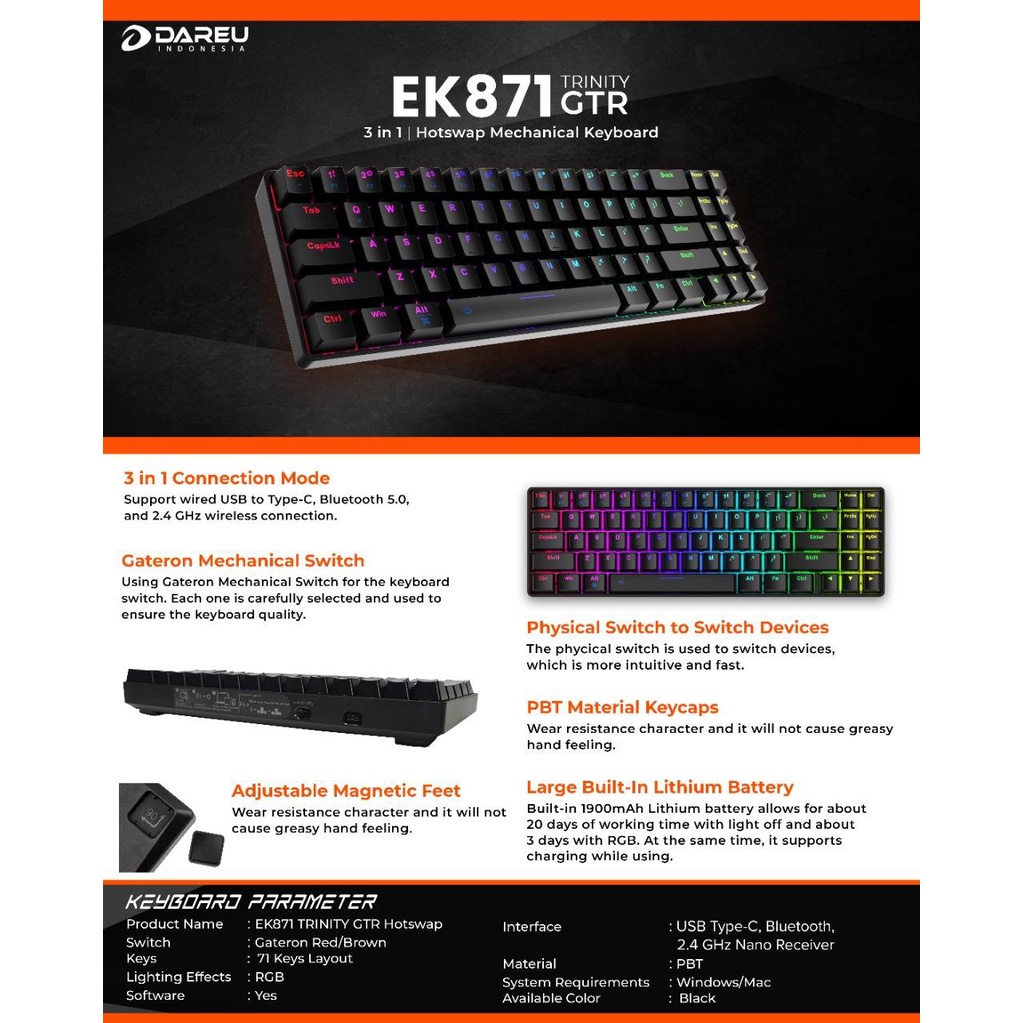 Dareu EK871 Trinity GTR Hotswap Wireless Mechanical Gaming Keyboard