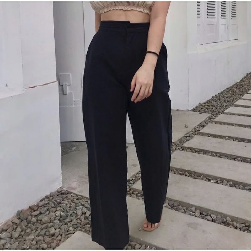 Melyssa Kulot - Celana Kulot - Vintage - Linen Crinkle Highwaist- Cullote Pants | Wide Leg Cullotes | Celana Kulot Wanita-hitam