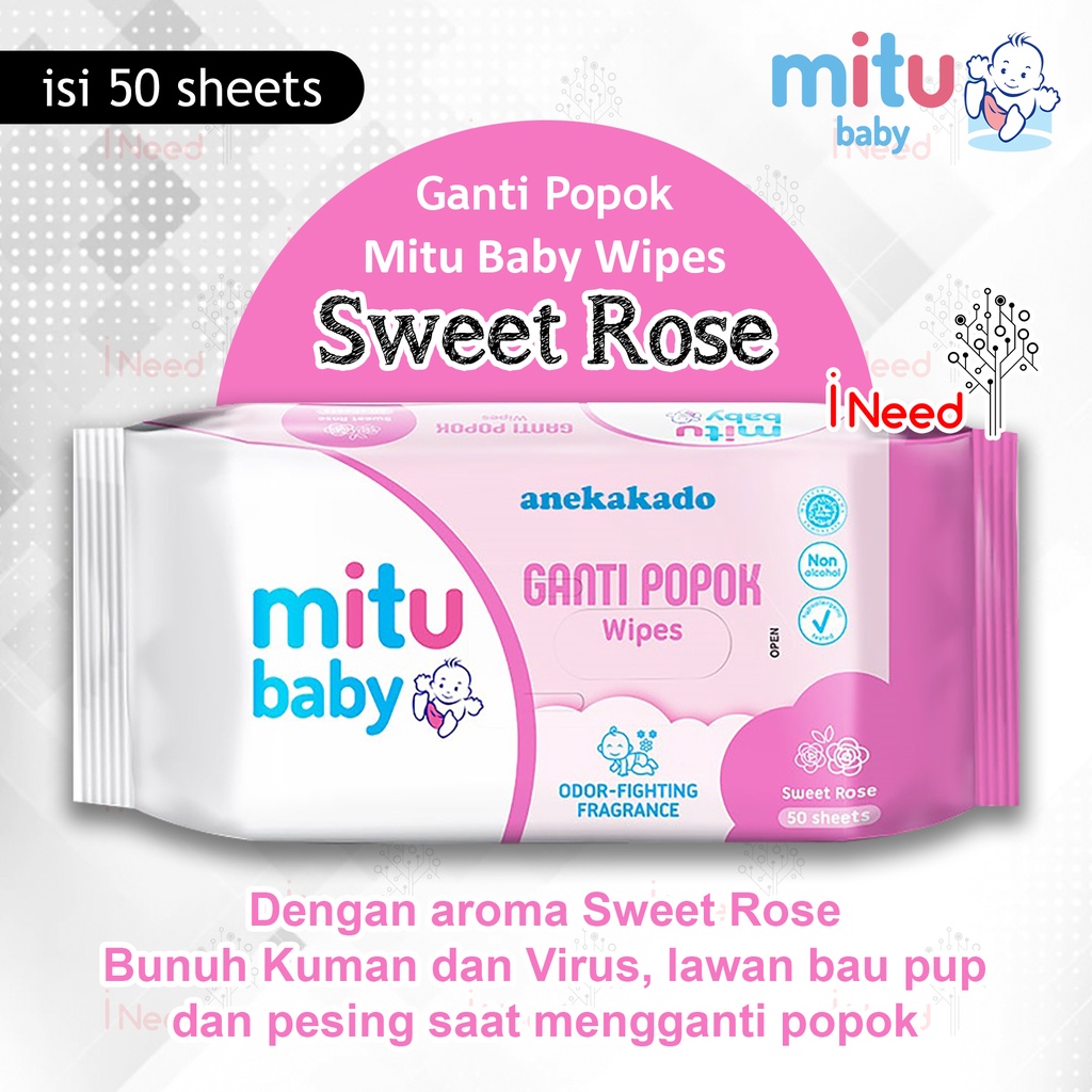 (INEED) (1pc ) Mitu Baby Wipes Tiap Pack Isi 50 Sheets Aroma Sweet Rose