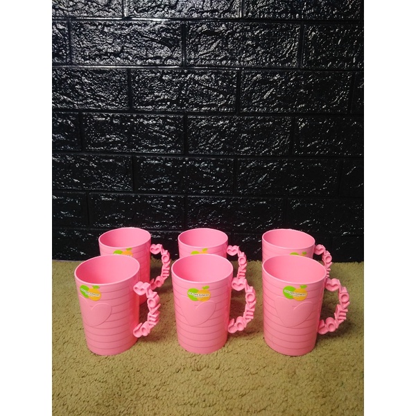 Gelas gagang pink love isi 6 + rak gelas golden lemon