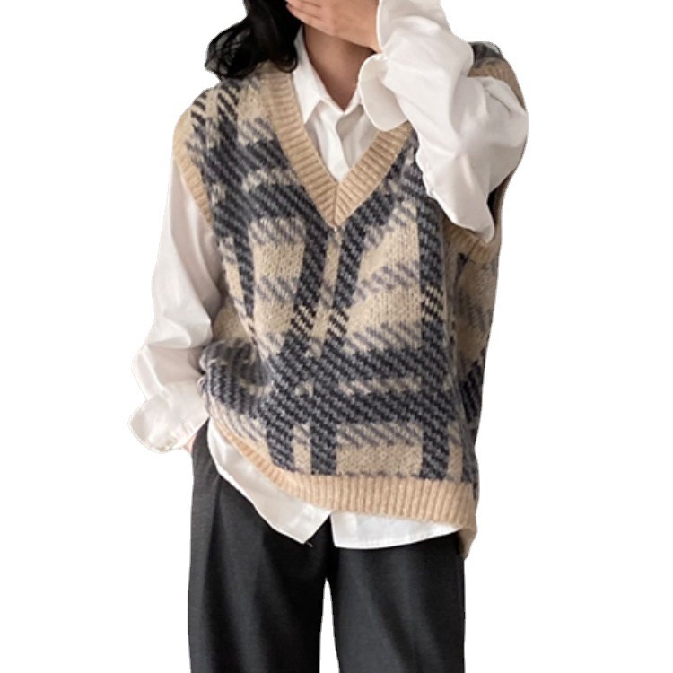 SOOYA Vest Rompi Argyle V Neck Motif Sweater Kotak Rajut Wanita Korea