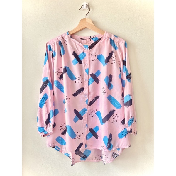 Blouse Wanita Motif Bunga Lengan Panjang Kerut Kancing Depan-Variasi 10