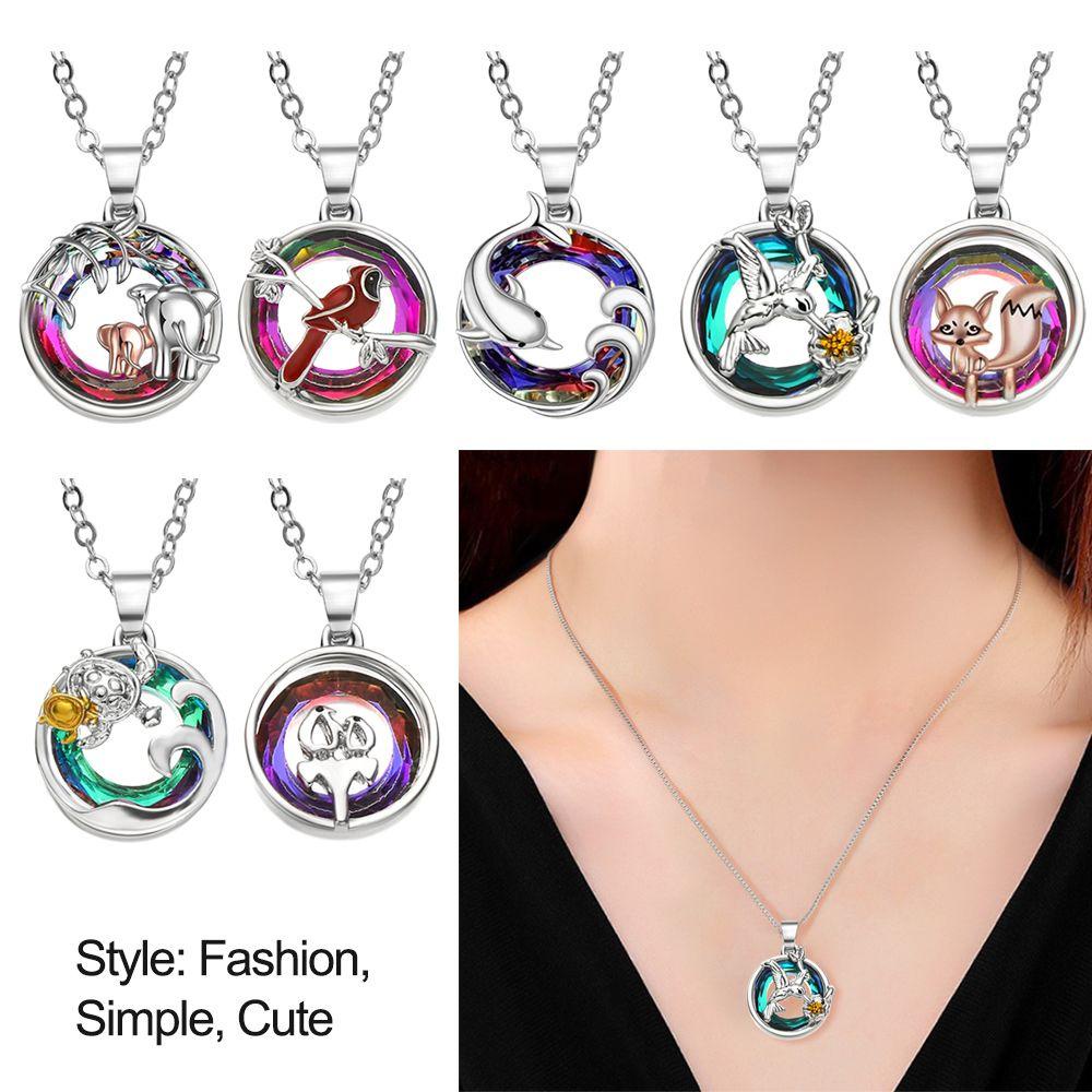 R-bunga Kristal Kalung Hari Ibu Hadiah Perhiasan Valentine Kura Kura Penguin Dolphin Hummingbird925 Sterling Silver