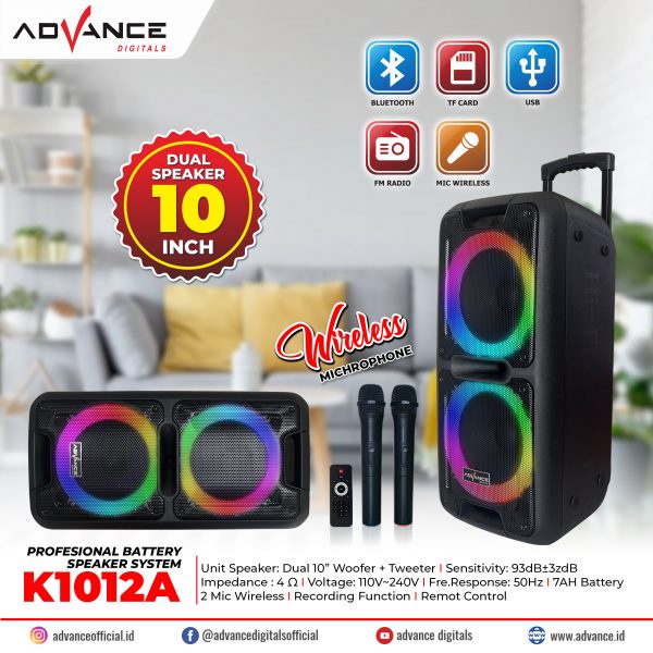 ADVANCE Speaker Portable Bluetooth 2 x 10 Inch K1012A / 2 Mic Wireless