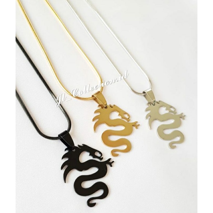 Kalung Naga Titanium Emas Silver Hitam Antikarat Kalung Fashion Pria Wanita Naga
