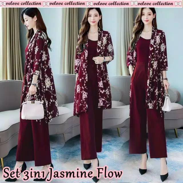 SET 3IN1 JASMINE FLOW - BAJU KERJA KANTOR MODEL BLAZER - SETELAN IMPORT GAYA KOREA MOTIF BUNGA
