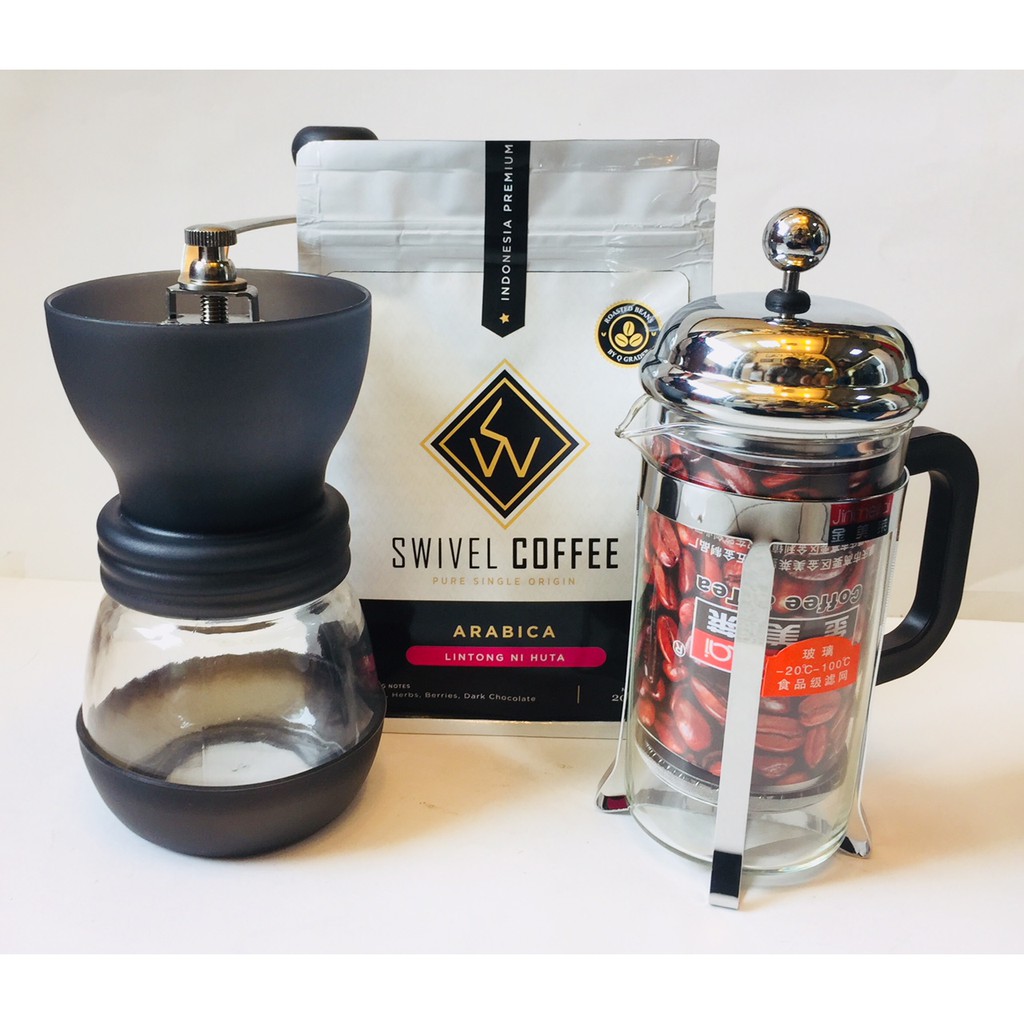 Paket Coffee Grinder Glass, French Press 350ml, Kopi Lintong 200gr