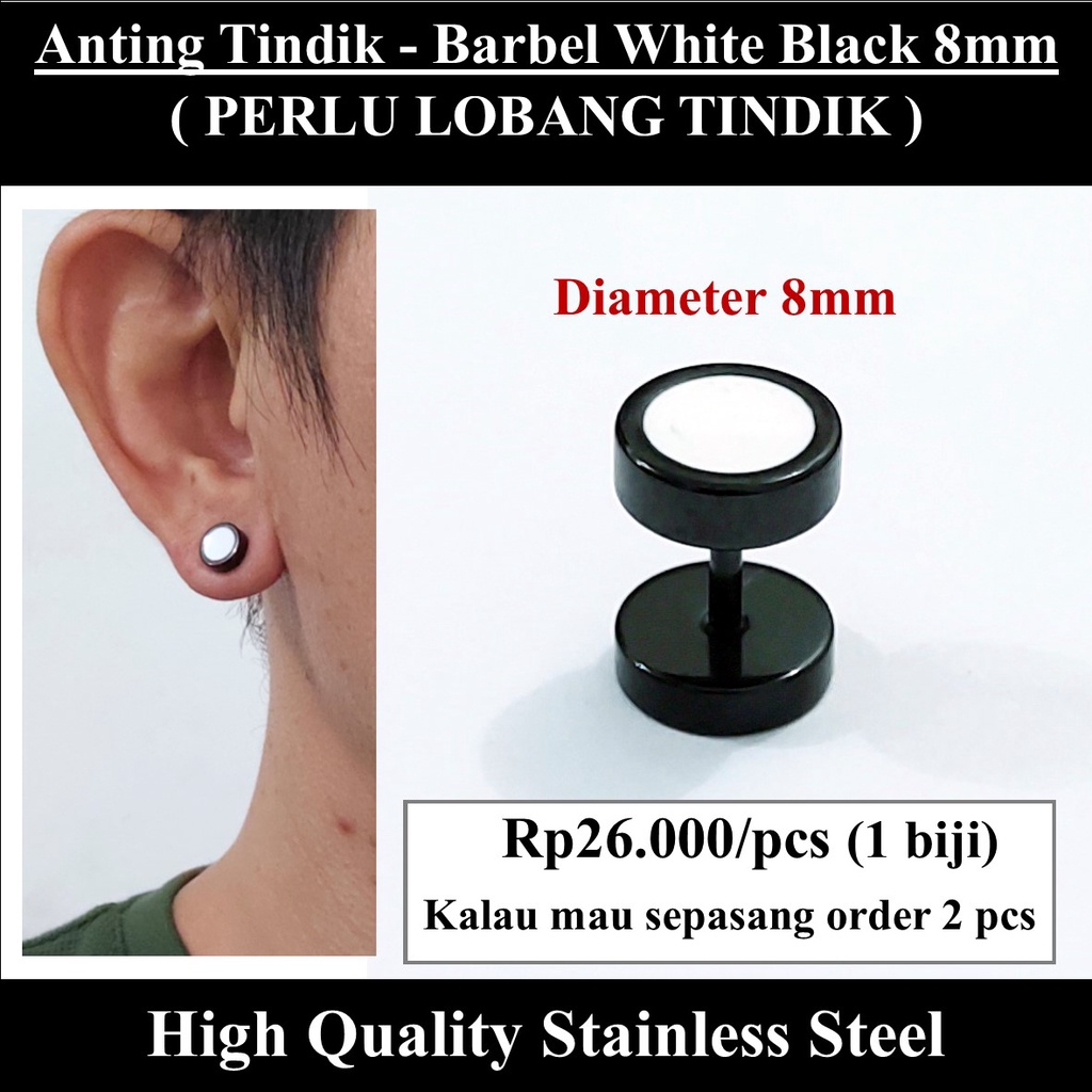 Jual Anting Tindik Cowok Pria - Barbel White Black 8mm | Shopee Indonesia
