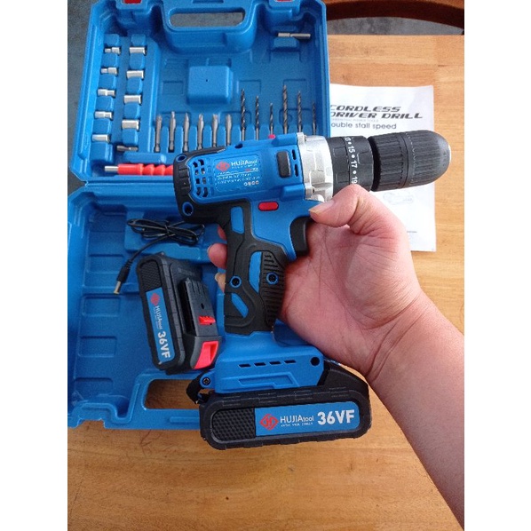 HUJIA 36VF Cordless Drill Impact drill Mesin bor Baterai Cas 2 Baterai