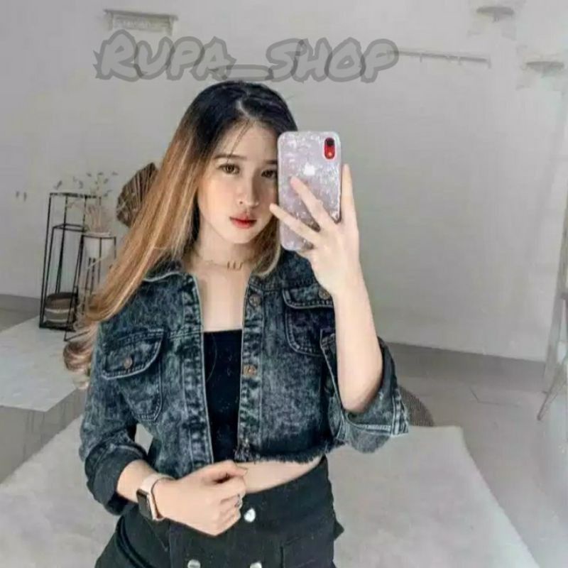 JAKET JEANS WANITA CHANMI CROP RAWIS SNOW BLACK