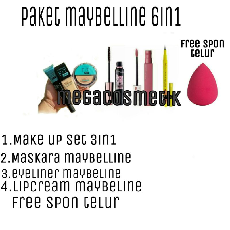 PAKET HEMAT MEIBELLINE 6IN1 FREE SPON [ MYABELLINE FIT ME 3IN1+EYELINER+MASKARA+ LIPCREAM BARCODE]