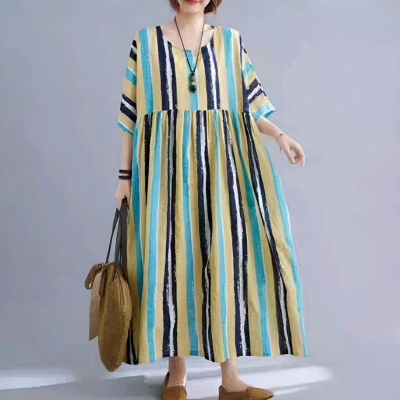 LINEVANIA Loose Dress Jumbo Bahan Linen Import Motif Kualitas Premium - Gaun Maxi Wanita Casual Keki