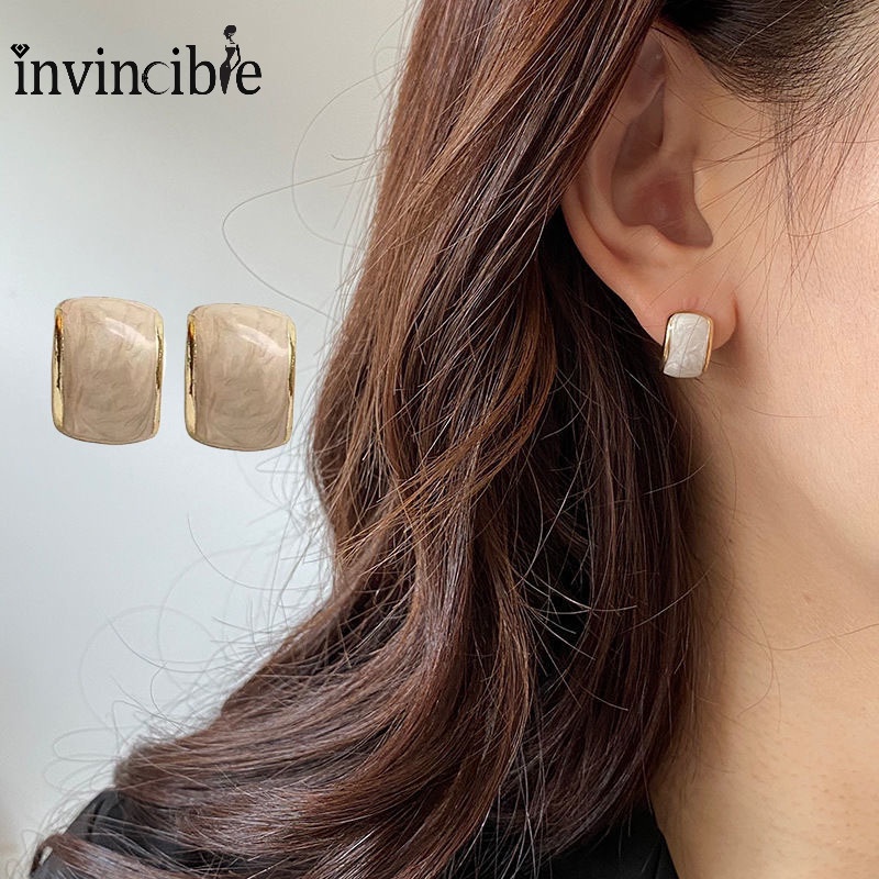 Anting Stud Enamel Glaze Bentuk Persegi Geometris Gaya Elegan Untuk Wanita