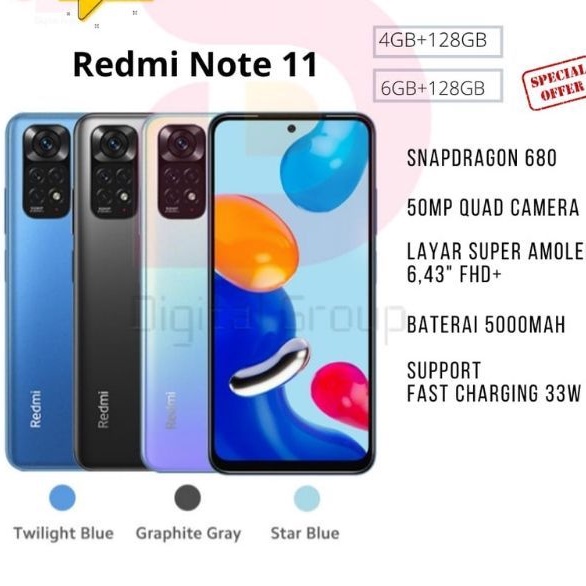 XIAOMI REDMI NOTE11 NOTE 11 4/128 6/128 4GB 6GB 4 128 6 128 GARANSI RESMI ORIGINAL ASLI NEW BARU 100%