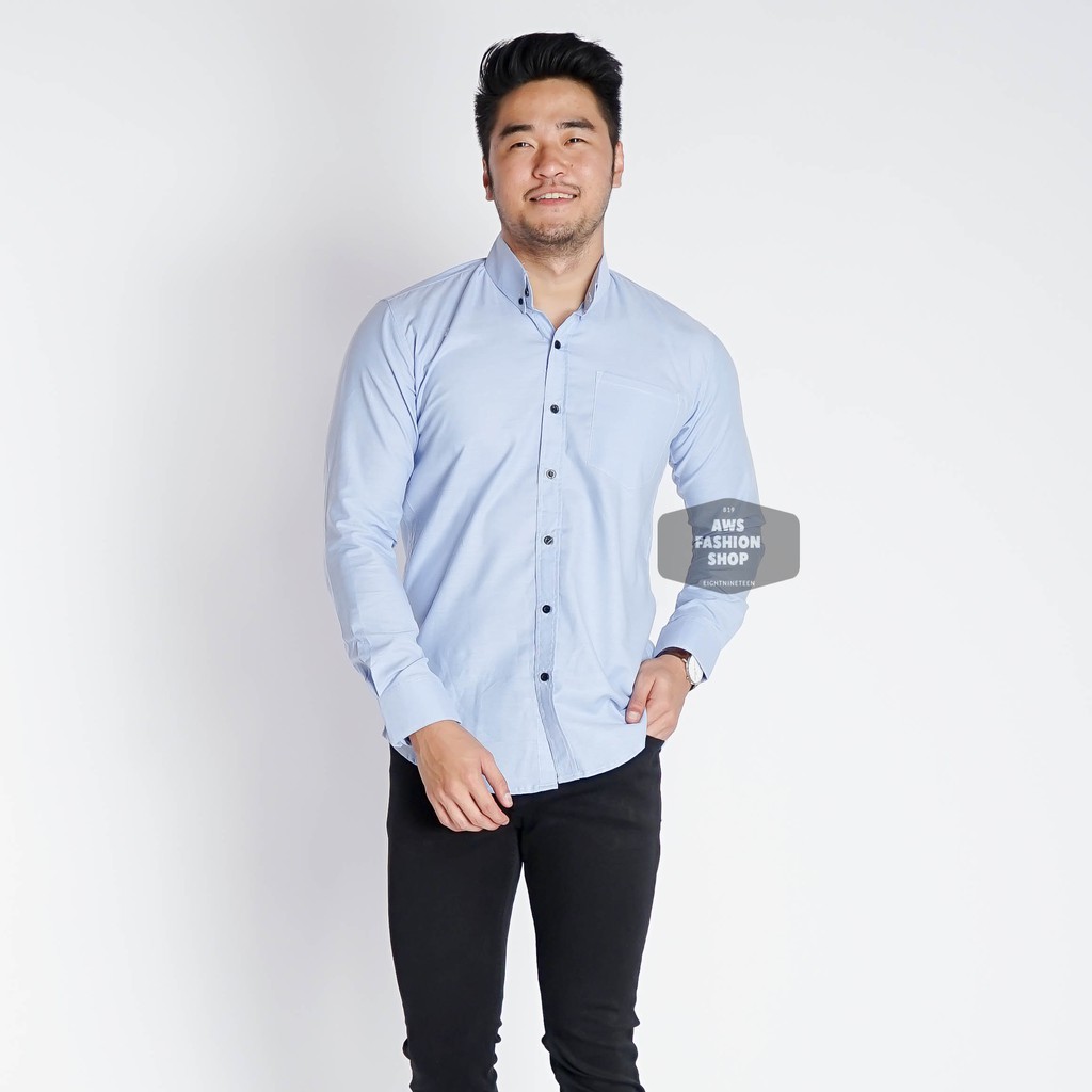 Baju Kemeja Lengan Panjang Pria Polos Oxford Biru Muda Soft Blue Casual Slimfit 3371