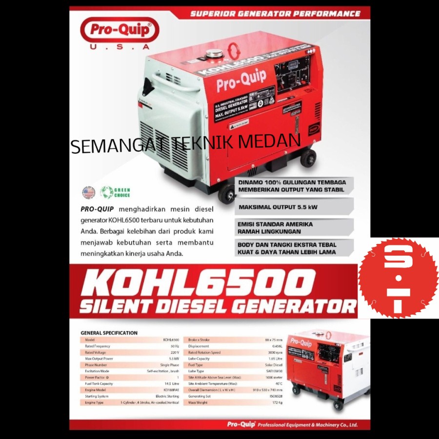 KOHL6500 GENSET GENERATOR LISTRIK SILENT SOLAR 5500 WATT 5KVA PROQUIP