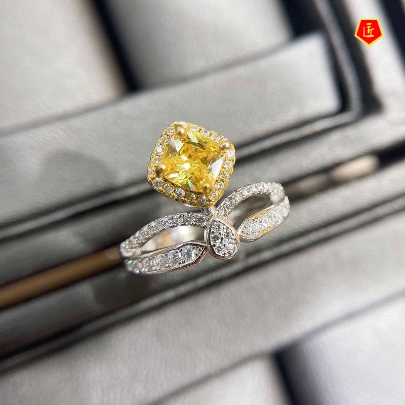 [Ready Stock]Classic Citrine Love Heart-Shaped Micro-Inlaid Crown Open Ring