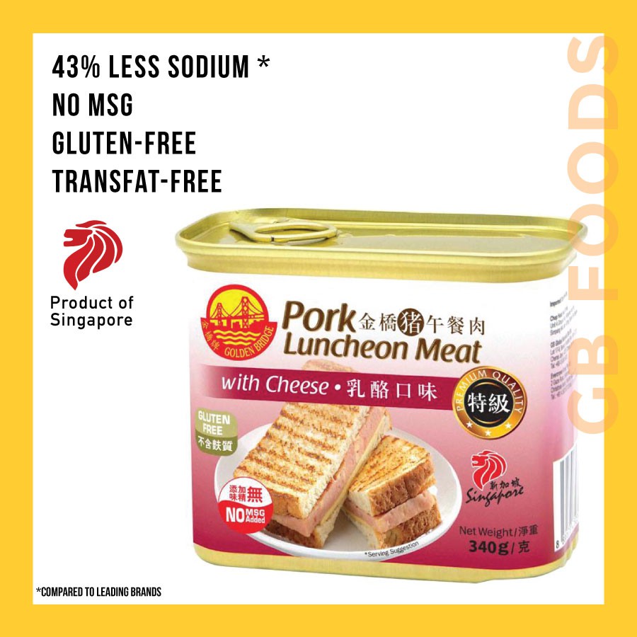 

GOLDEN BRIDGE PORK LUNCHEON MEAT WITH CHEESE 340 g , PREMIUM LUNCHEON MEAT SINGAPORE