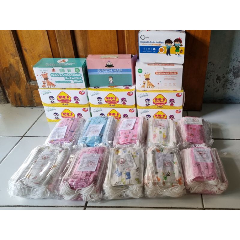 Masker Anak 3 ply Motif little pony / kuda poni, doraemon, mickey, doggy, dino, monkey