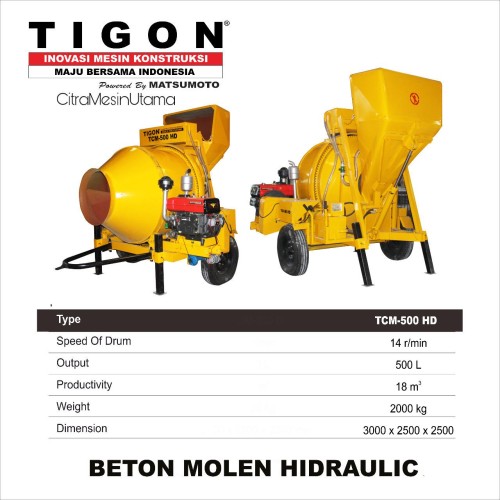 Mesin Molen Mixer Tigon TCM-500 HD Beton Molen Hydraulic