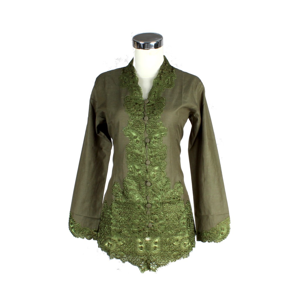 Baju Kebaya  Encim Katun Hijau Army S - 5L Atasan Kebaya Batik Baju Kebaya Wisuda Modern Terbaru