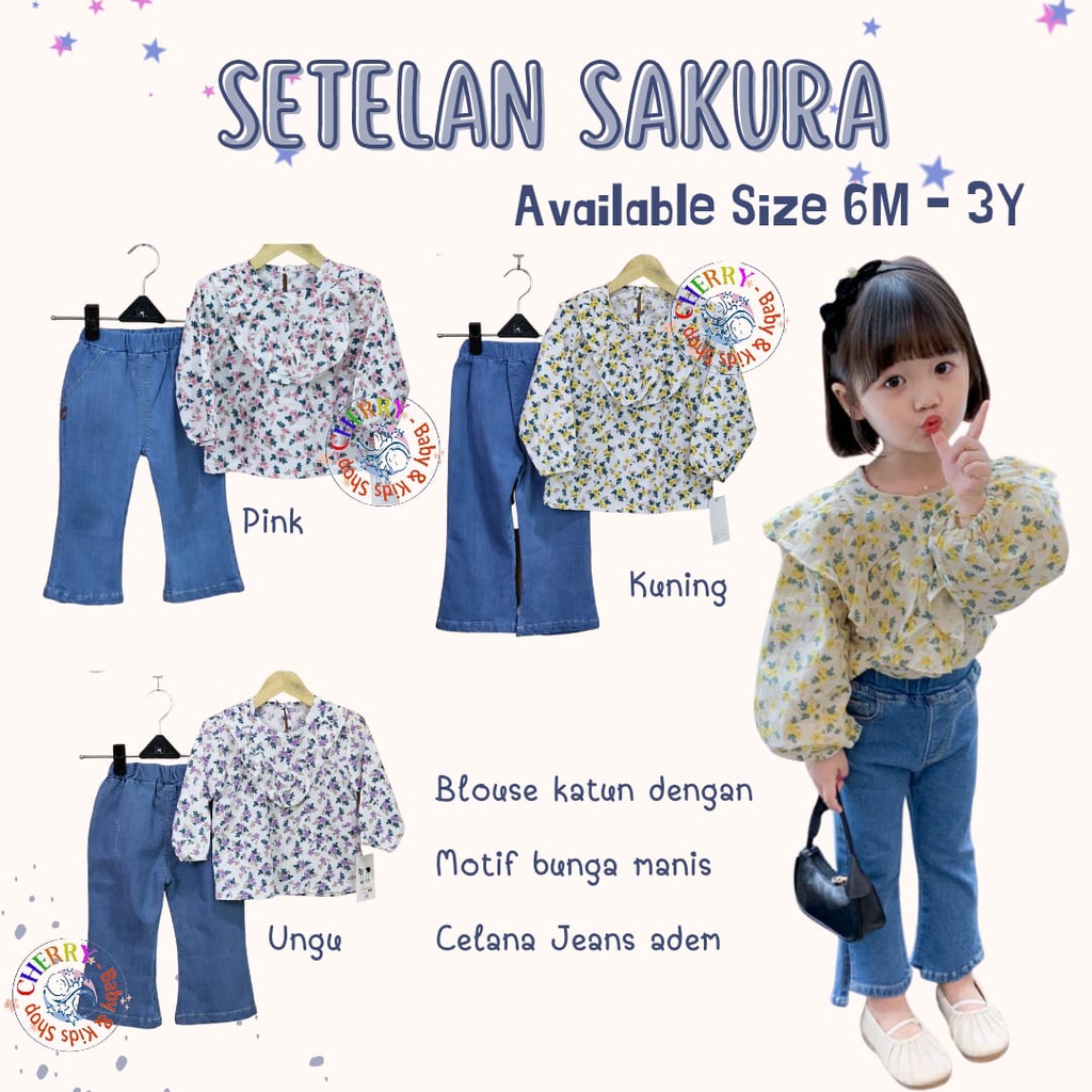 Setelan Jeans Sakura 6M - 3Y Setelan Kemeja Katun Sakura Celana Jeans Import High Quality Setelan Fashion Anak CBKS