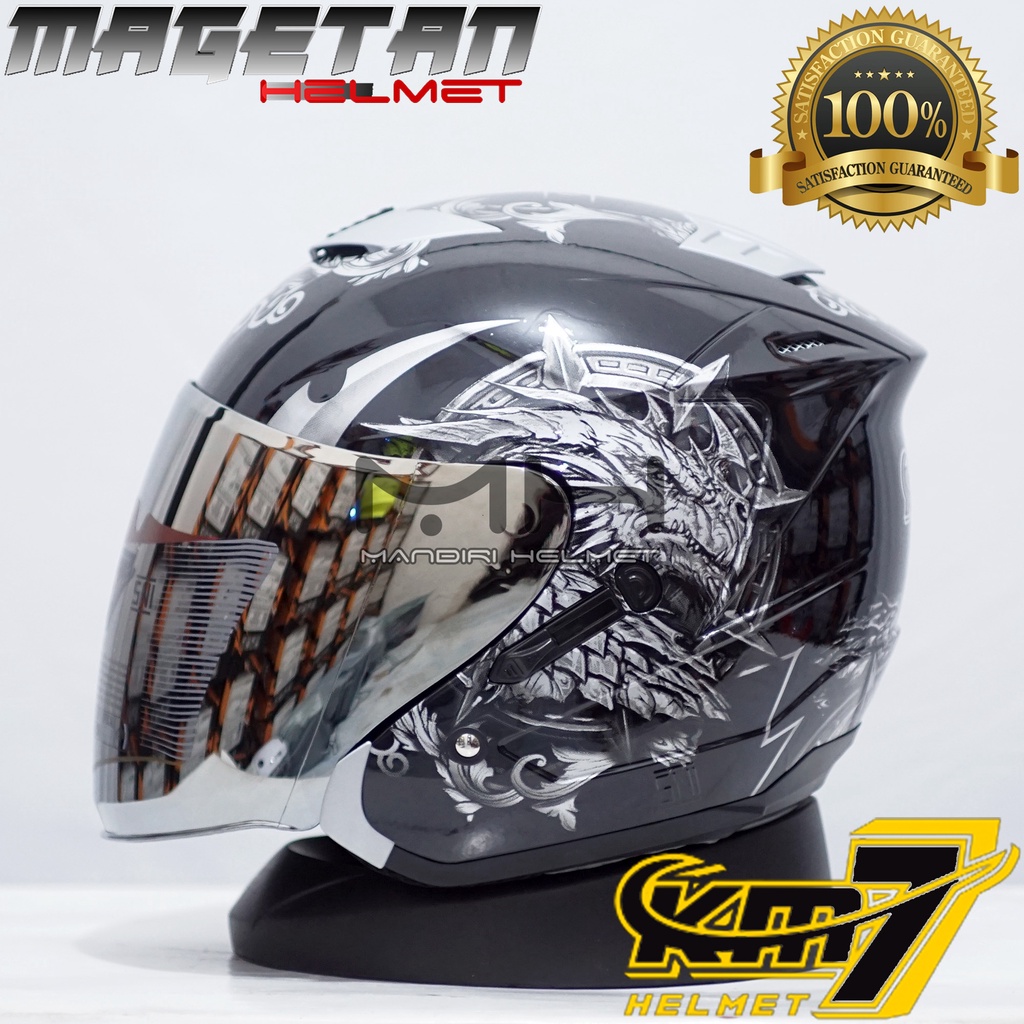 (Paket ganteng spoiler) HELM KM7 SEVEN KING BLACK GLOSSY SILVER-BK/SIL