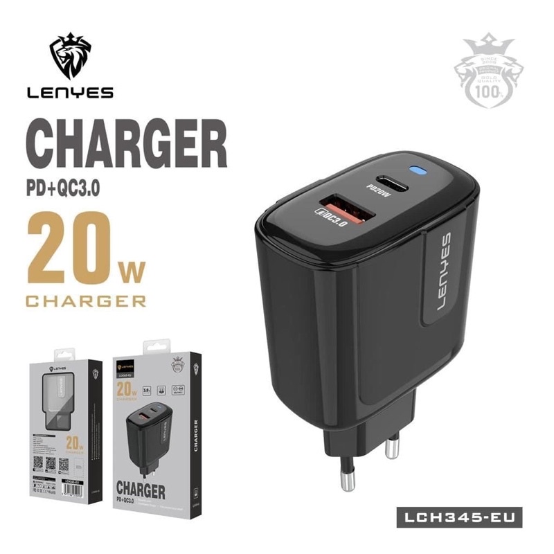 Adapter Charger Batok Fast Charging Power 3A PD 20W QC 3.0 Lenyes LCH 345