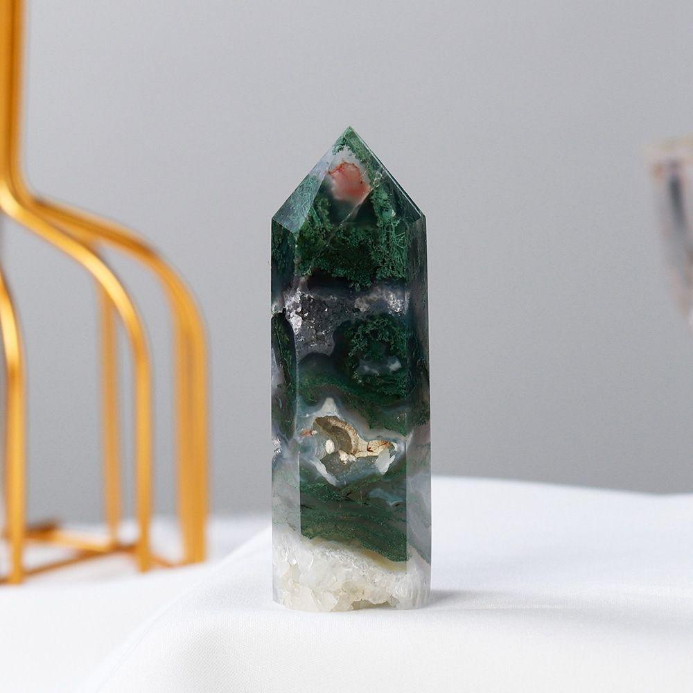 Batu Kristal Agustina Healing Obelisk Natural Green Moss Fluorite Terapi Meditasi Rohani Kerajinan Hiasan Meja Dekorasi Tongkat Penyembuhan