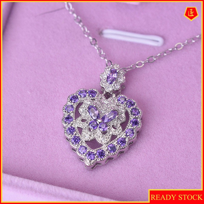 [Ready Stock]Full Diamond Amethyst Zircon Butterfly Pendant Women's Heart-Shaped Necklace