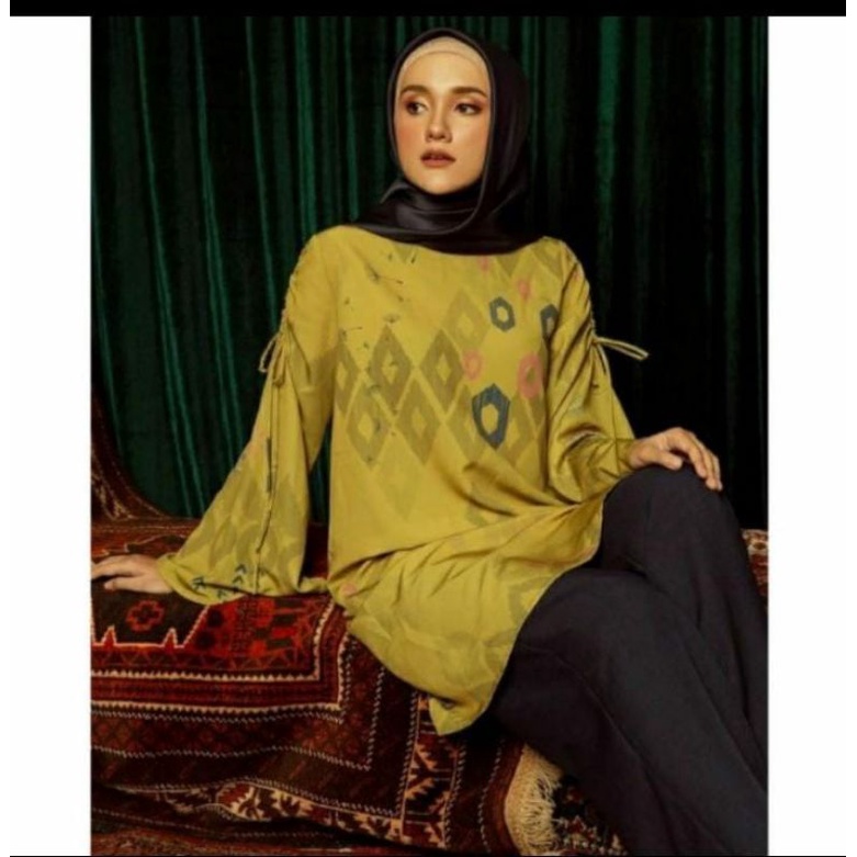 ZOYA -BUSANA MUSLIM ATASAN TUNIC MOTIF SUMBA MODERN AURISTELA MIDI DRESS,WOOLI CREPE PREMIUM ORIGINA