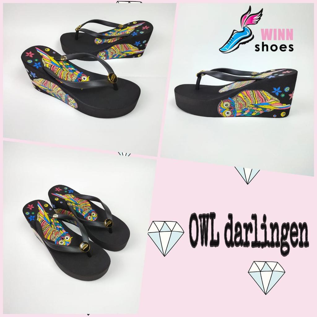 Darlingen Owl Sandal Wanita Wedges Import Terbaru Korea Jepit Tinggi 7cm