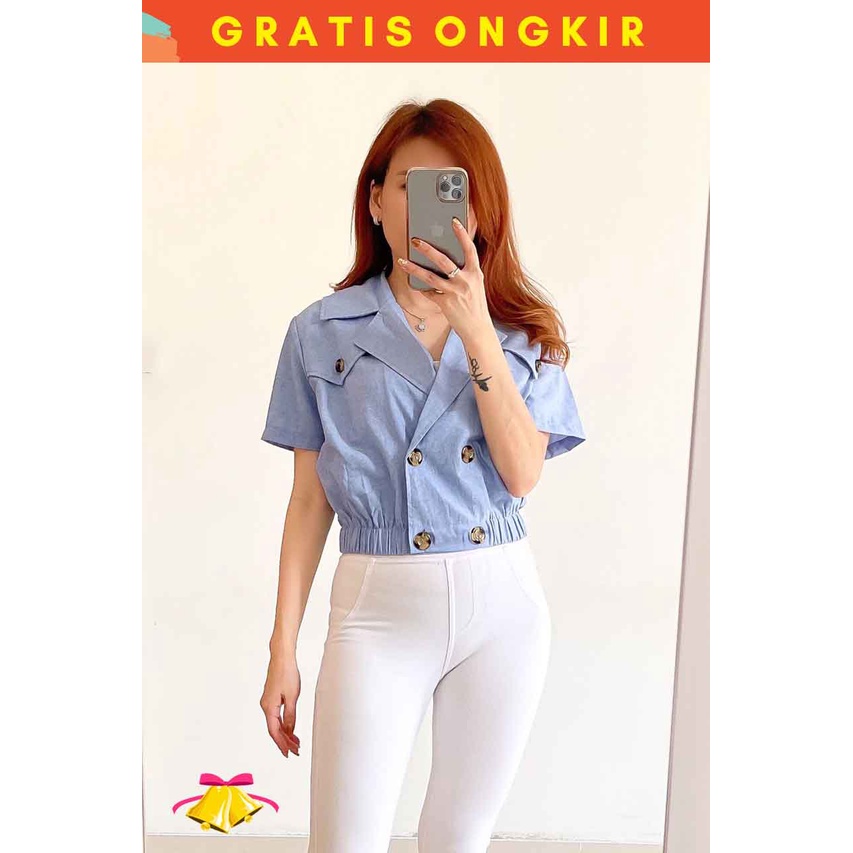 COTTONBELLS ATASAN CASUAL WANITA QILLA BUTTON PLAID V CROP TOP (AL - B 12511)-4